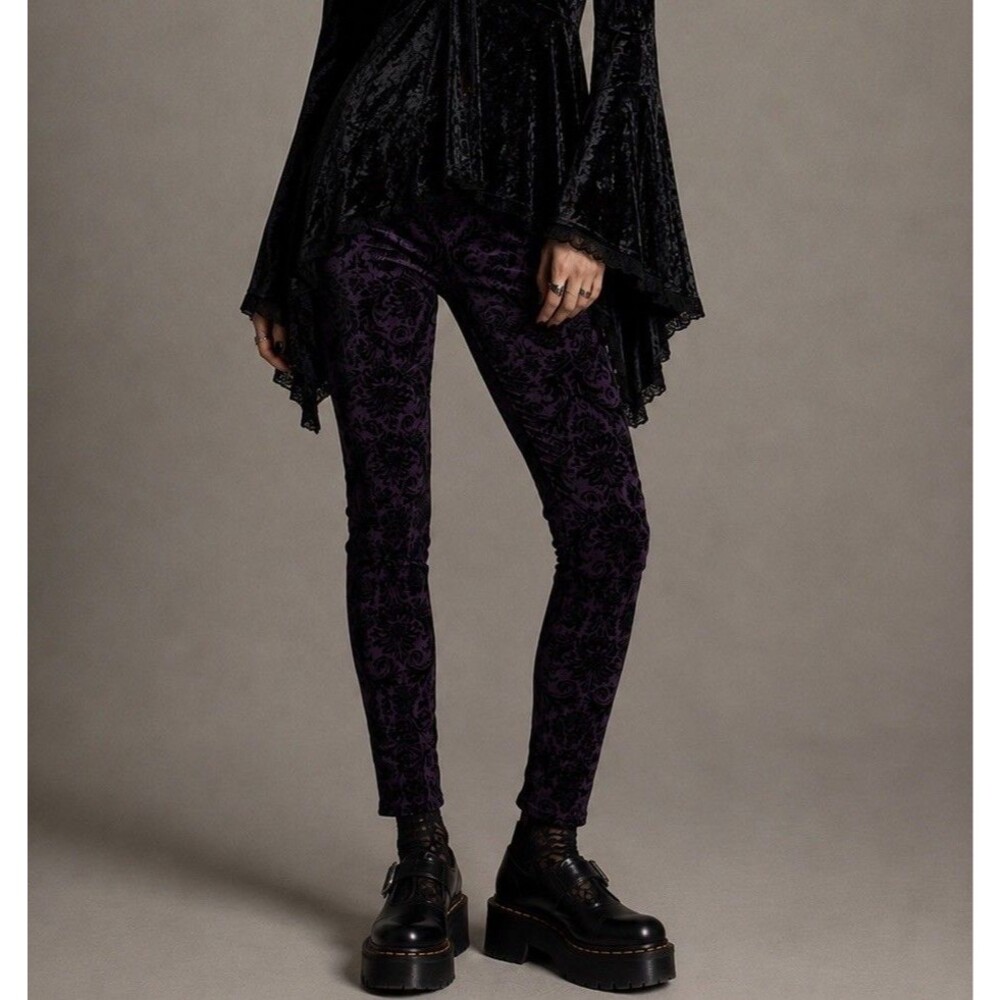 Burnt Out Velvet Whimsigoth Womens Small Black Pull On Slim Pants Elastic Waist